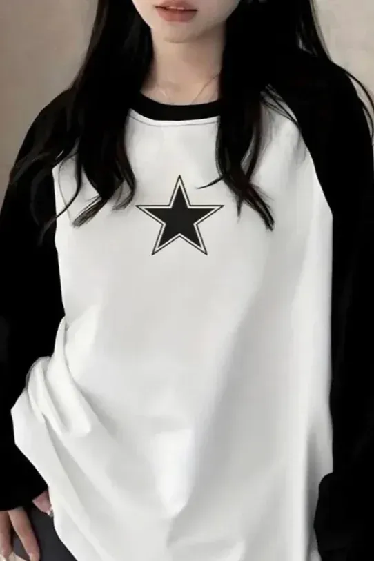 Beyaz Siyah Unisex Retro Stars Uzun Kol T-Shirt x6