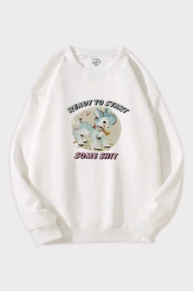 Beyaz 3 İplik Şardonlu Ready To Start Some Sweatshirt x6