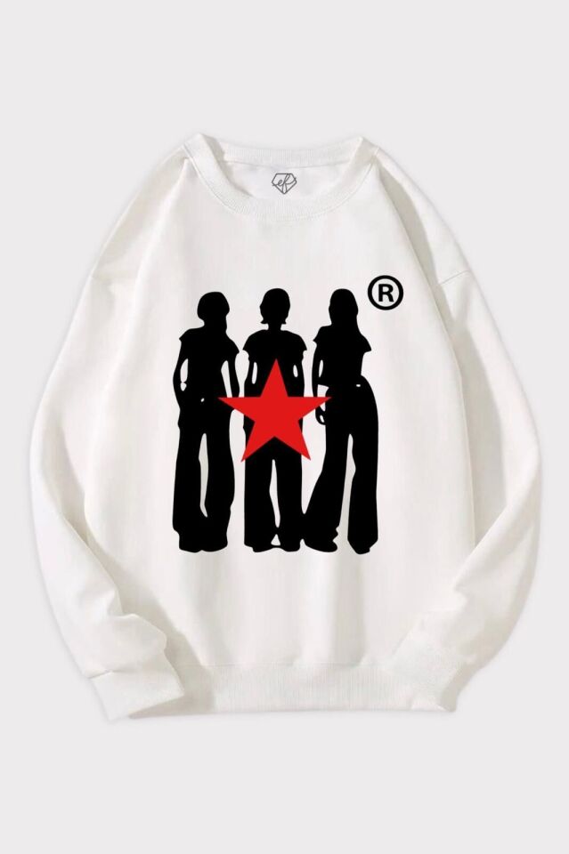 Beyaz 3 iplik Şardonlu Y2K Star Girls Sweatshirt x6