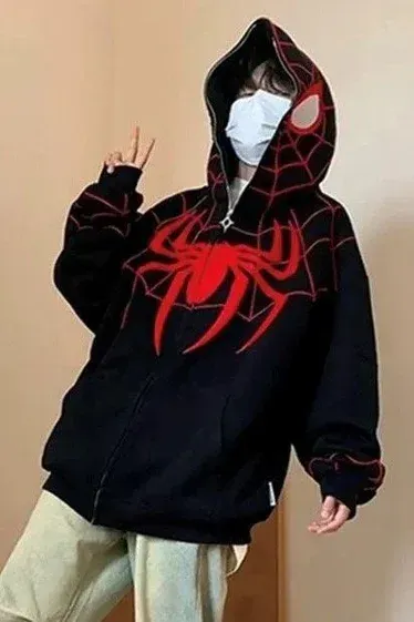 Siyah Y2k Streetwear Spider Web Oversize Fermuarlı Unisex Kapüşonlu Hırka x6