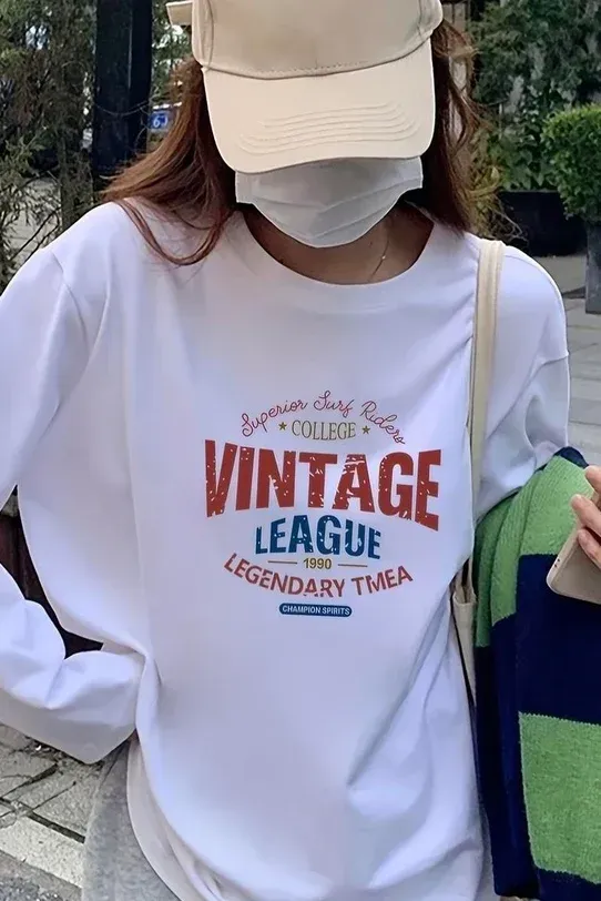 Beyaz Unisex Vintage League Uzun Kol T-Shirt x6