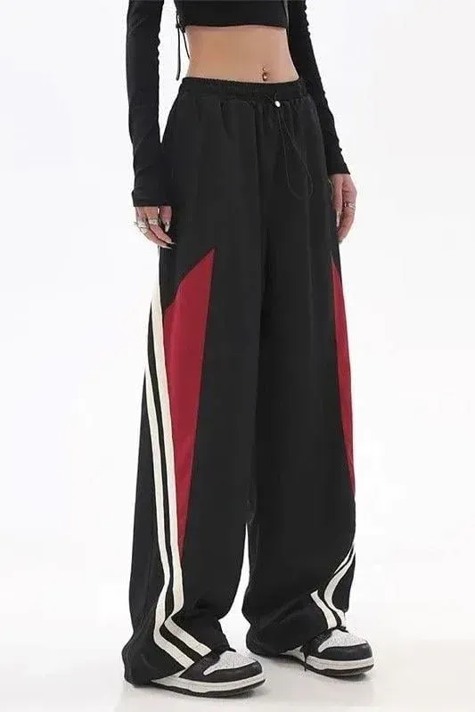 Siyah Kırmızı Çift Şeritli Y2K Vintage Baggy Eşofman Altı x6