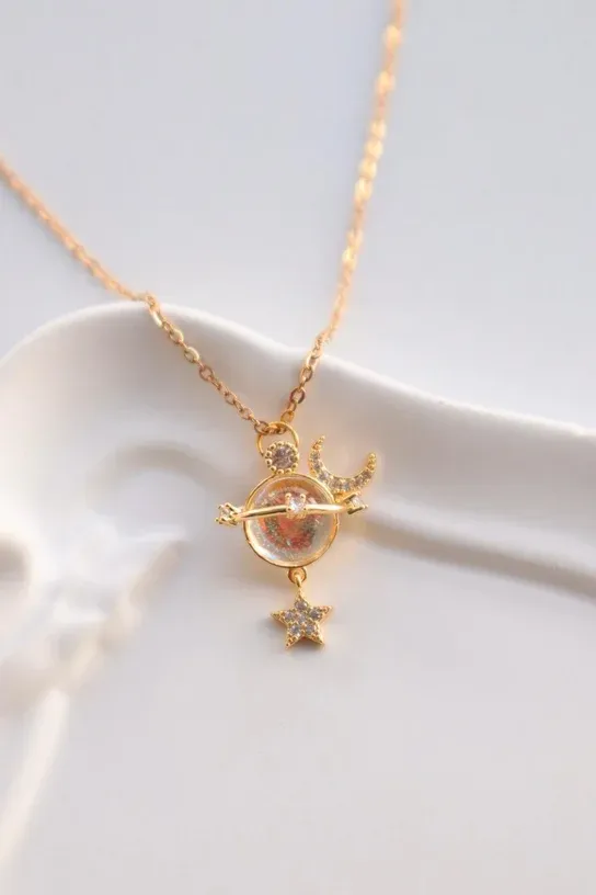 Paslanmaz Çelik Gold Renk Zirkon Taşlı Sarı Mineli Ay Yıldız Kolye